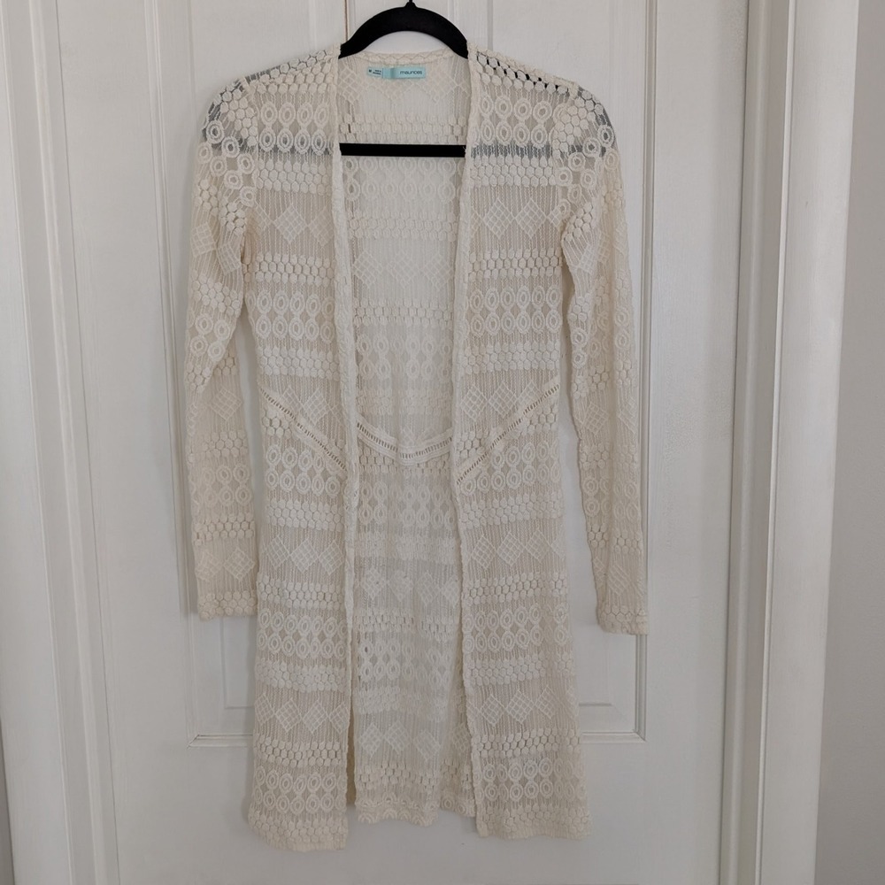 Boho Lacey Cardigan MEDIUM‎ Festival Fairy Cottagecore Sheer Layer Ivory Women